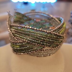 Afrocentric Beaded Cuff Bracelet / Green & Silver
